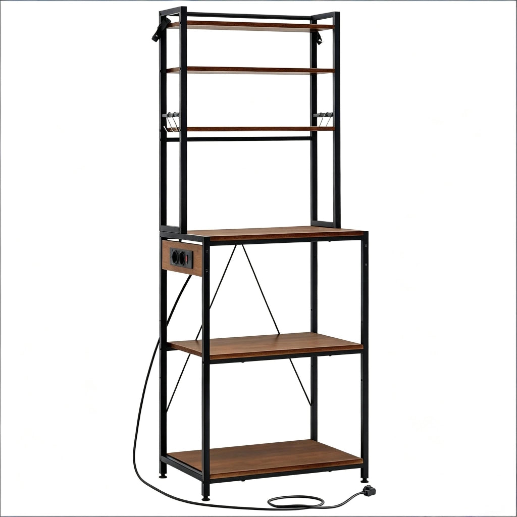 Credenza da cucina alta con 6 ripiani, 6 ganci e 3 prese elettriche per cucina, metallo e truciolare, 60 × 40 × 167 cm
