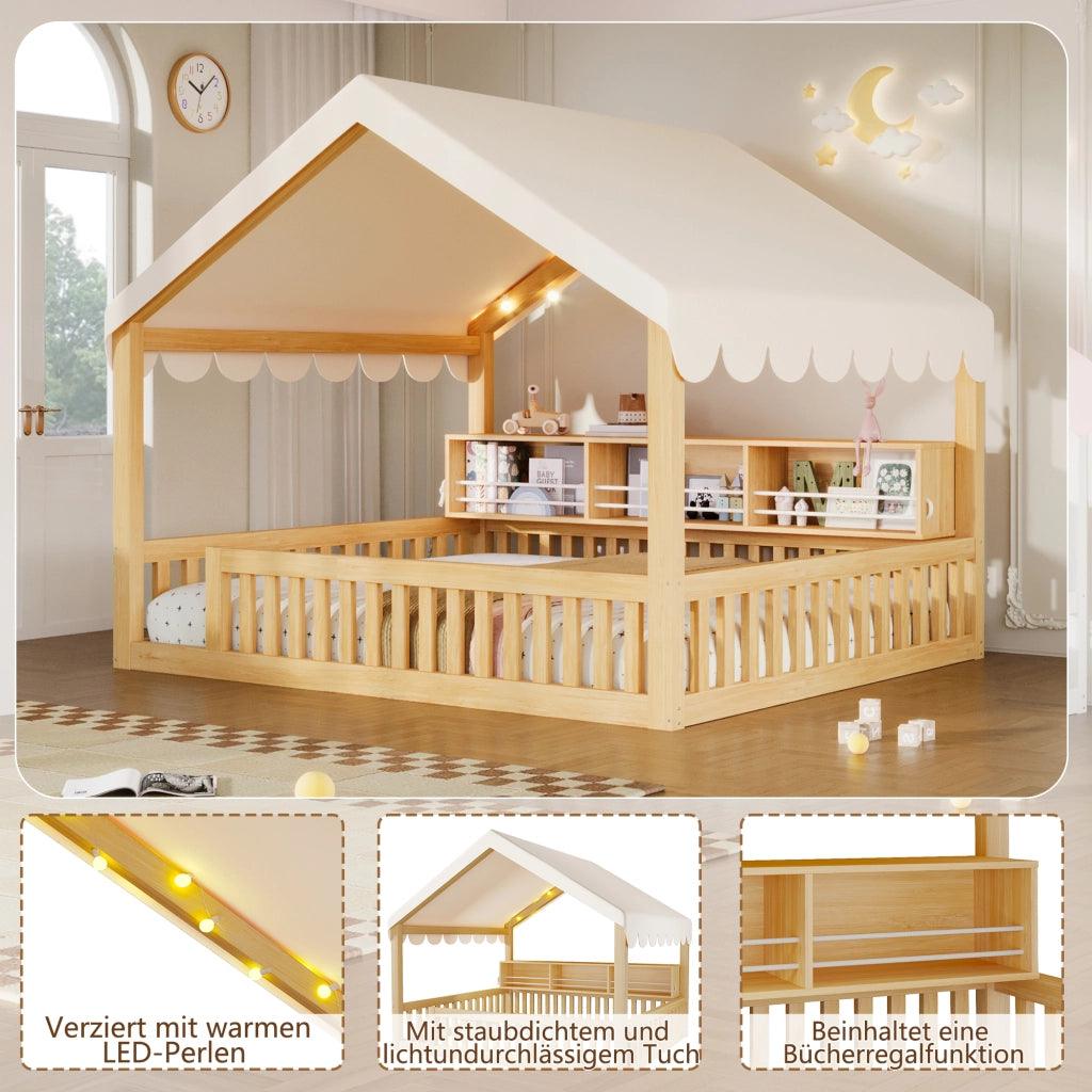 Desviae Letto a casetta per bambini 140 × 200 cm in legno con baldacchino luci LED libreria e sponde di sicurezza naturale
