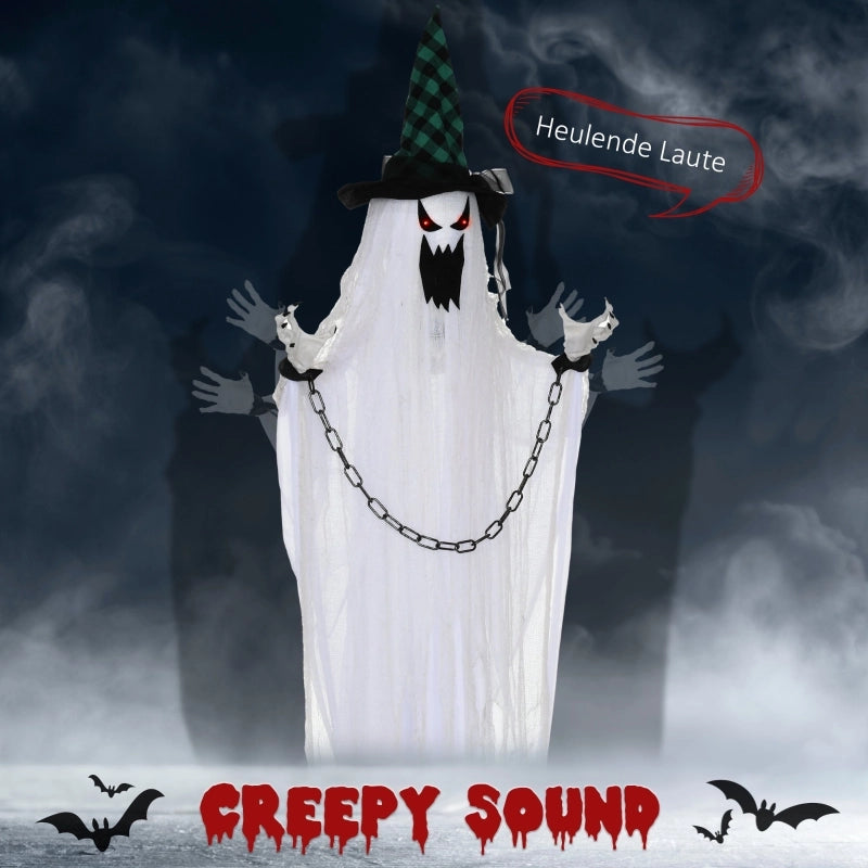 Decorazione fantasma animata per Halloween da appendere con occhi rossi suoni e attivazione al tocco e ai rumori