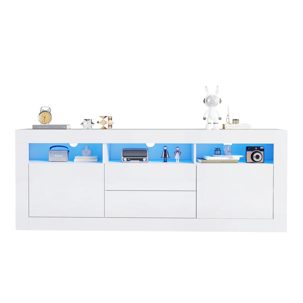 Mobile TV 160x35x60 cm con LED; 3 vani aperti; 2 ante e 2 cassetti; pannello truciolare bianco