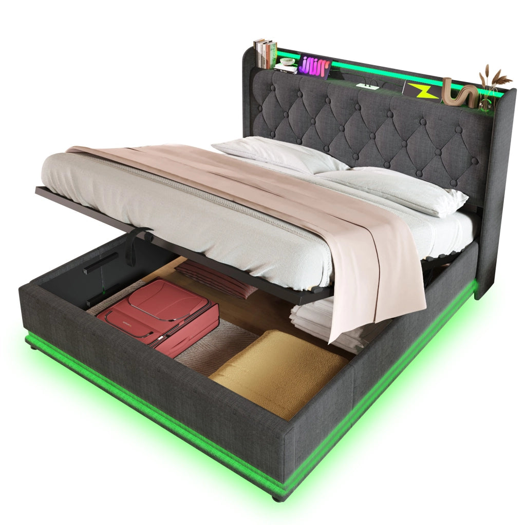 Letto 140x200 cm con contenitore idraulico, LED e USB-C in lino grigio