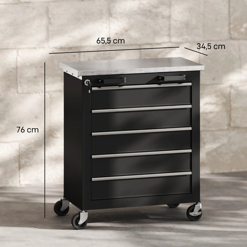 Carrello portautensili con 5 cassetti e piano di lavoro in acciaio inox; ruote con freno; nero 72.5 × 41.5 × 73.5 cm