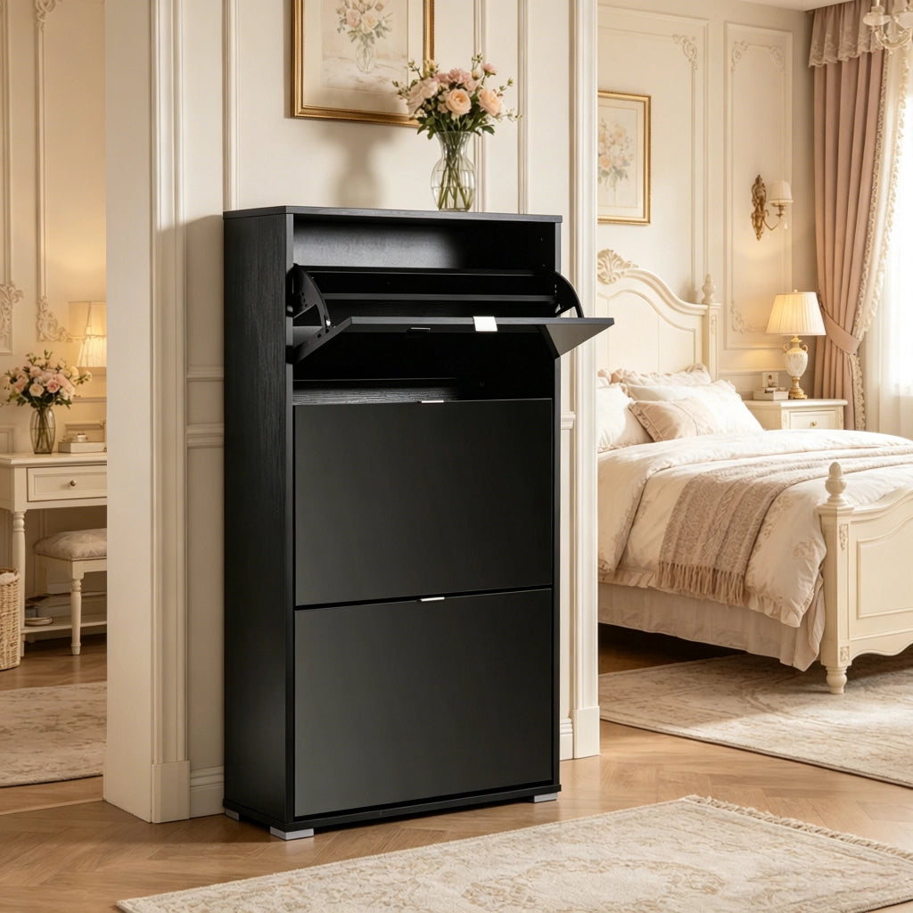 Scarpiera con 3 ante a ribalta e divisori regolabili, vassoio superiore, per ingresso, in MDF nero, 60 × 26 × 124 cm