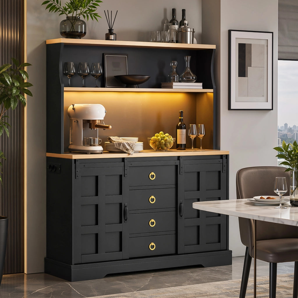Credenza da cucina 120x40x150 cm con LED RGB, prese USB e 4 cassetti in MDF nero