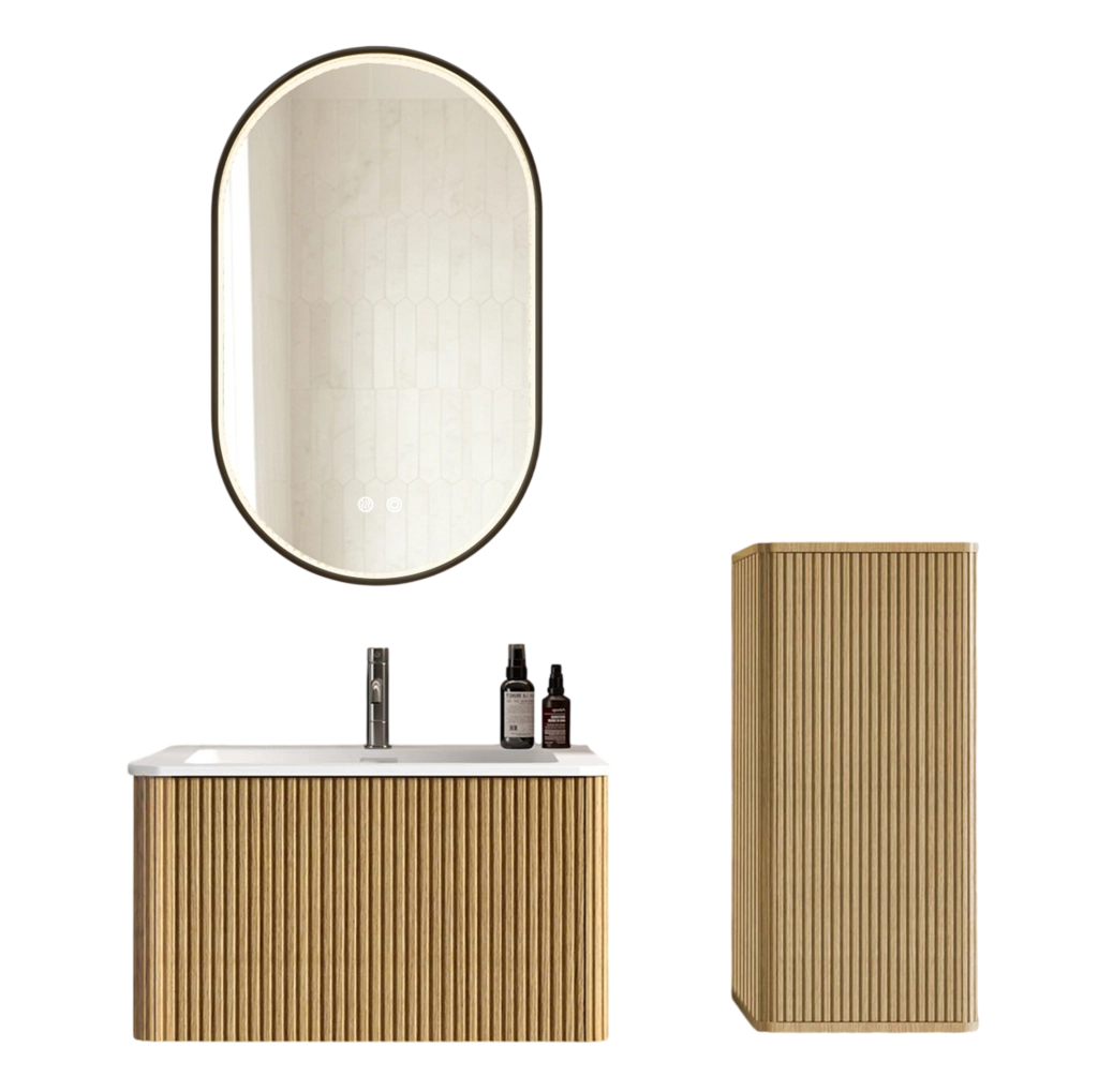 MOBILE BAGNO Set con lavabo, specchio LED e colonna color rovere