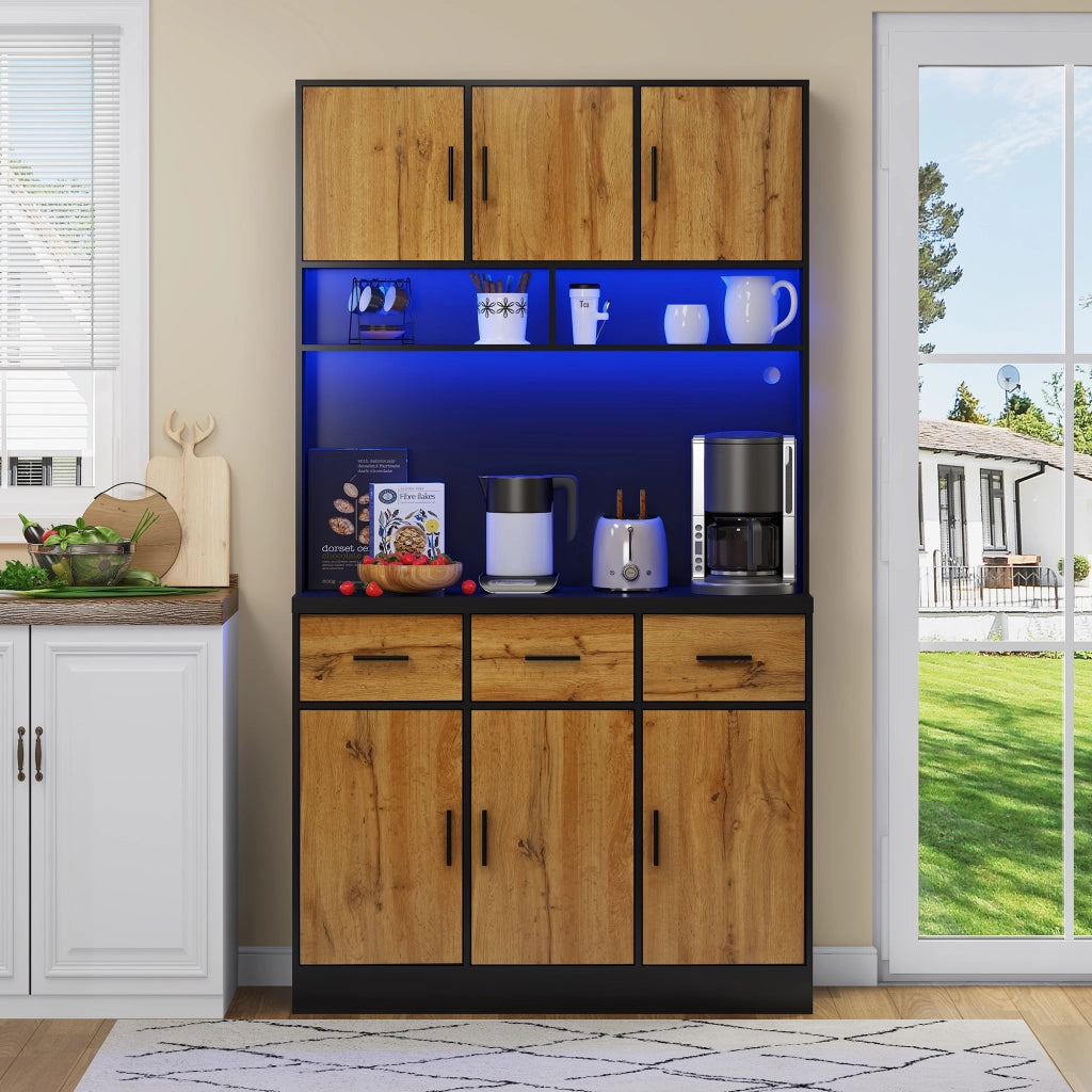 Credenza da cucina alta con LED; 100 x 40 x 180 cm; 6 ante e 3 cassetti; MDF e pannello truciolare; nero e naturale