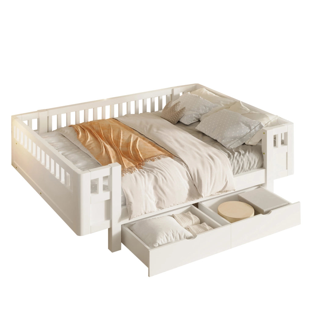 Letto piattaforma 140x200 cm bianco con sponda alta di protezione e due ampi cassetti