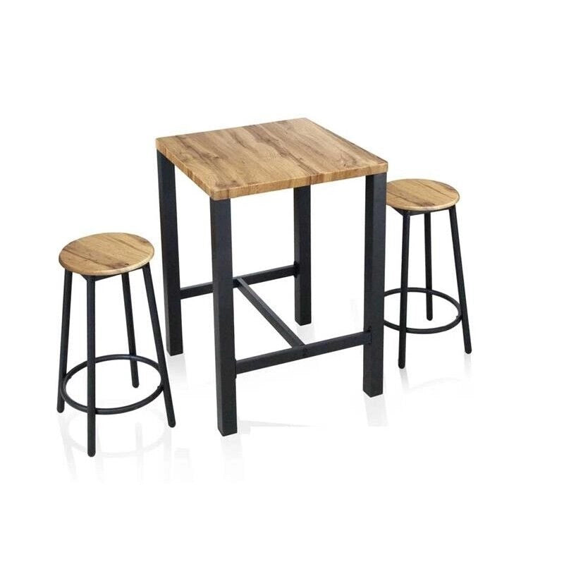 SET TAVOLO E 2 SGABELLI IN METALLO CON TOP E SEDUTE IN LEGNO NATURALE