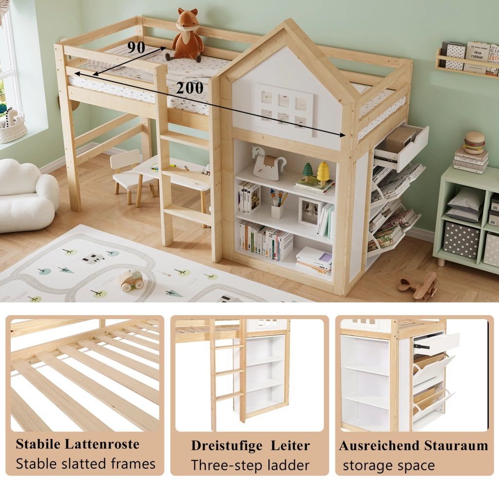 Letto a soppalco per bambini 90x200 cm a casetta; pino e MDF; bianco e legno naturale; cassetti e protezioni