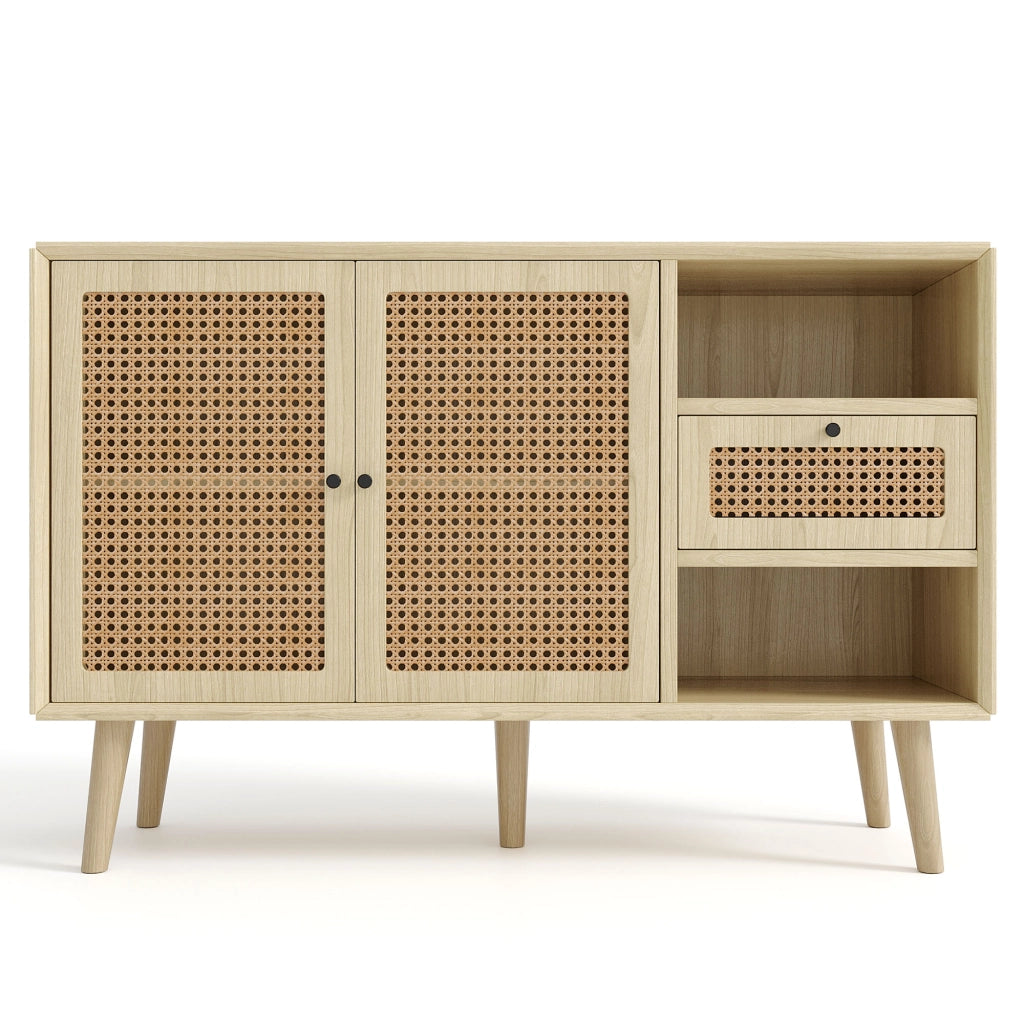 Credenza con Cassetto e 2 Ante in Rattan ¨C MINIMAL ¨C Rovere, Metallo Nero, 120x40x80