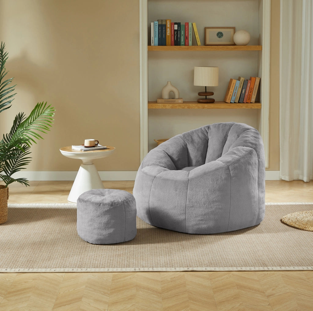 Poltrona sacco a fiore con poggiapiedi in peluche grigio HOMVRA