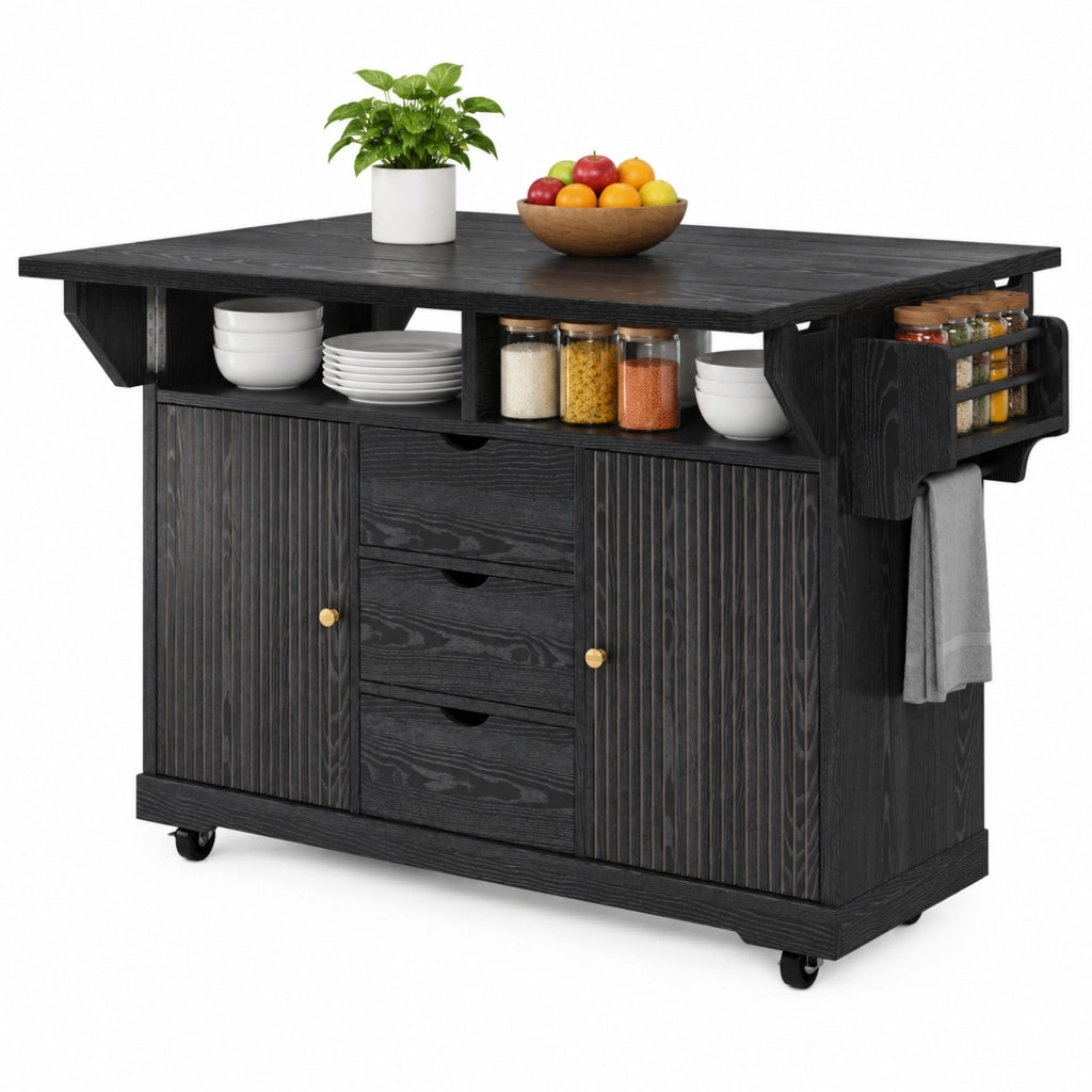 Carrello da cucina con 3 cassetti piani laterali pieghevoli e ripiani regolabili in MDF e metallo nero