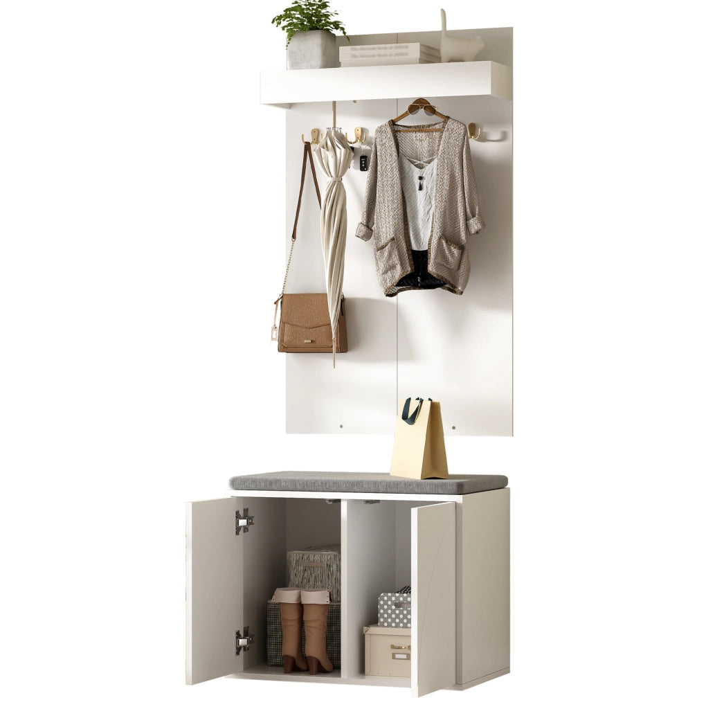 Set guardaroba 3 in 1 con appendiabiti, scarpiera a 2 ante e panca, bianco, 60x35x(45+100) cm