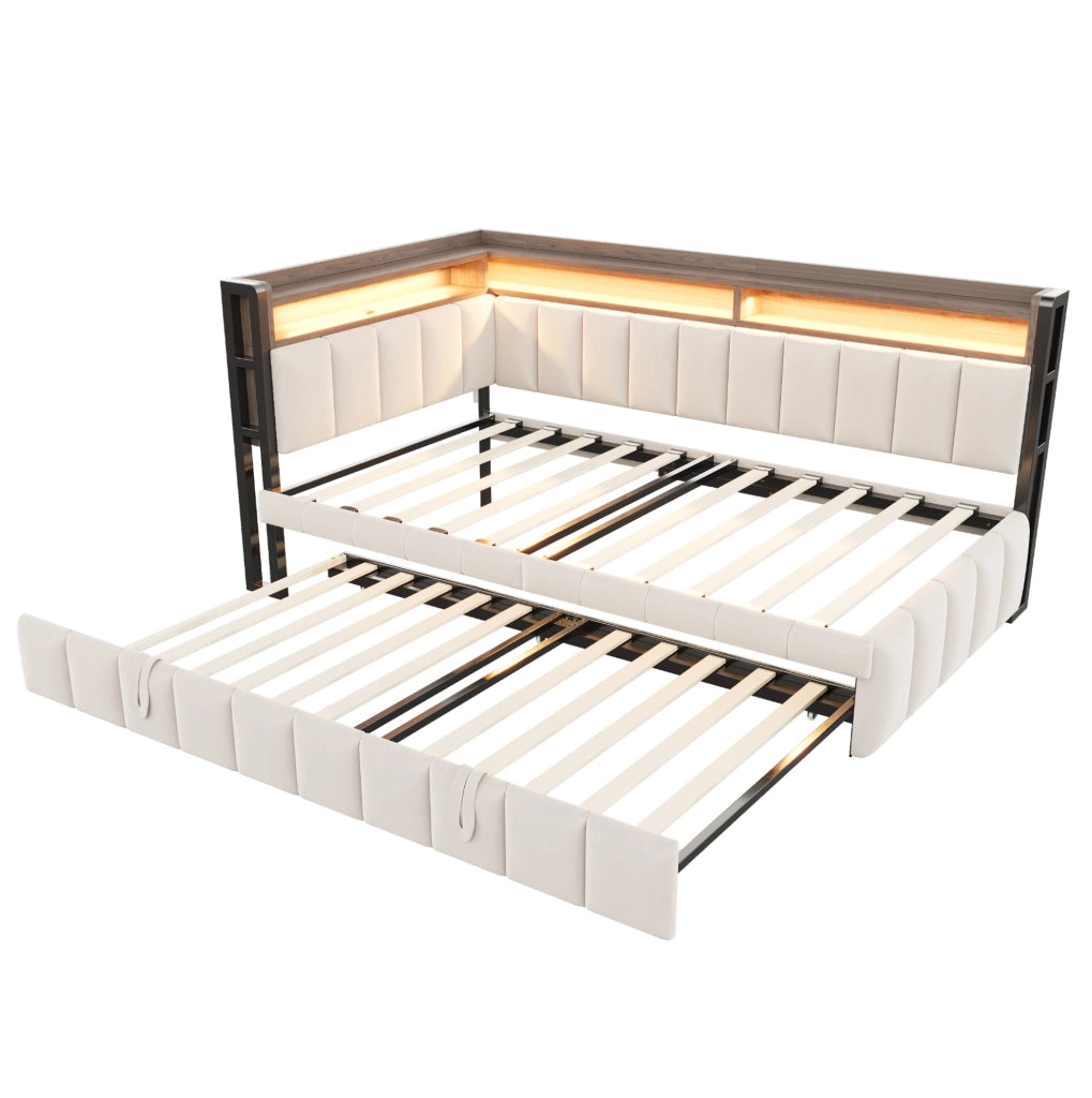 Divano letto estraibile 90x200 cm con LED, USB e USB-C in velluto beige