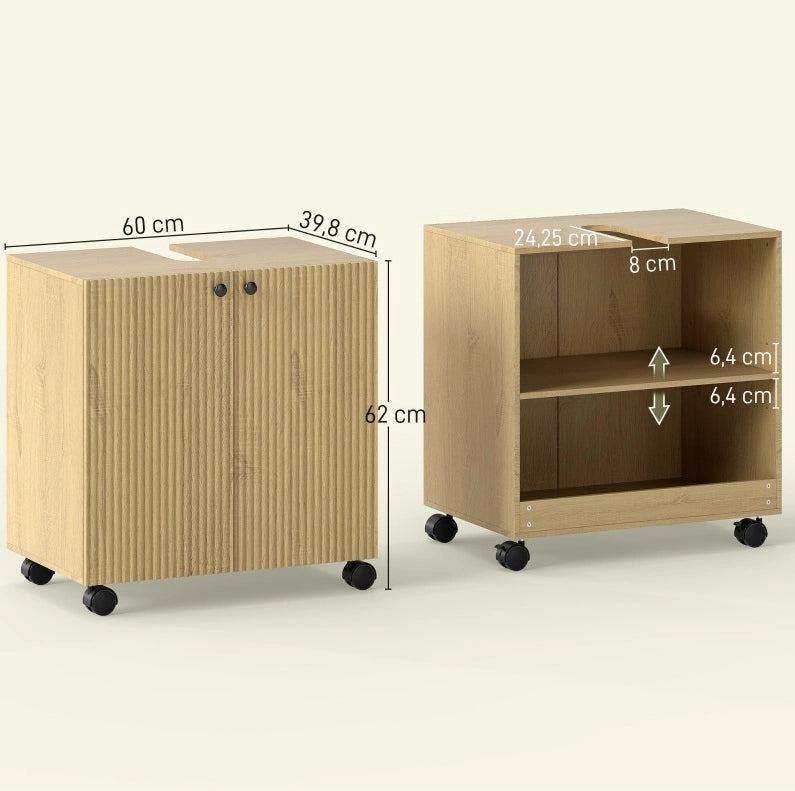 Mobile mobile bagno con tre ripiani regolabili e porta a chiusura soft, con taglio a U per lavabo senza piedistallo, finitura legno