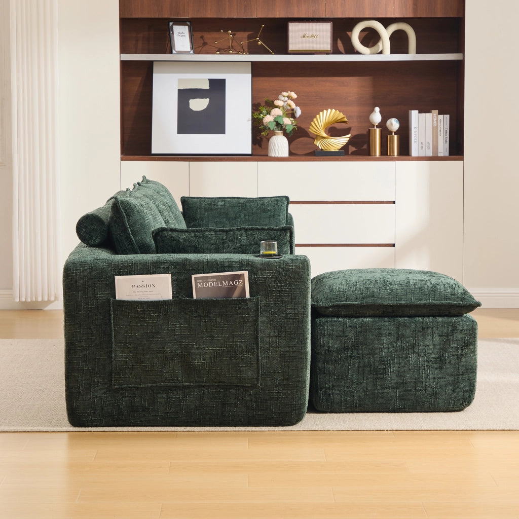 Divano modulare 3 posti con pouf 256 cm; portabicchieri e tasche laterali; ciniglia; verde scuro