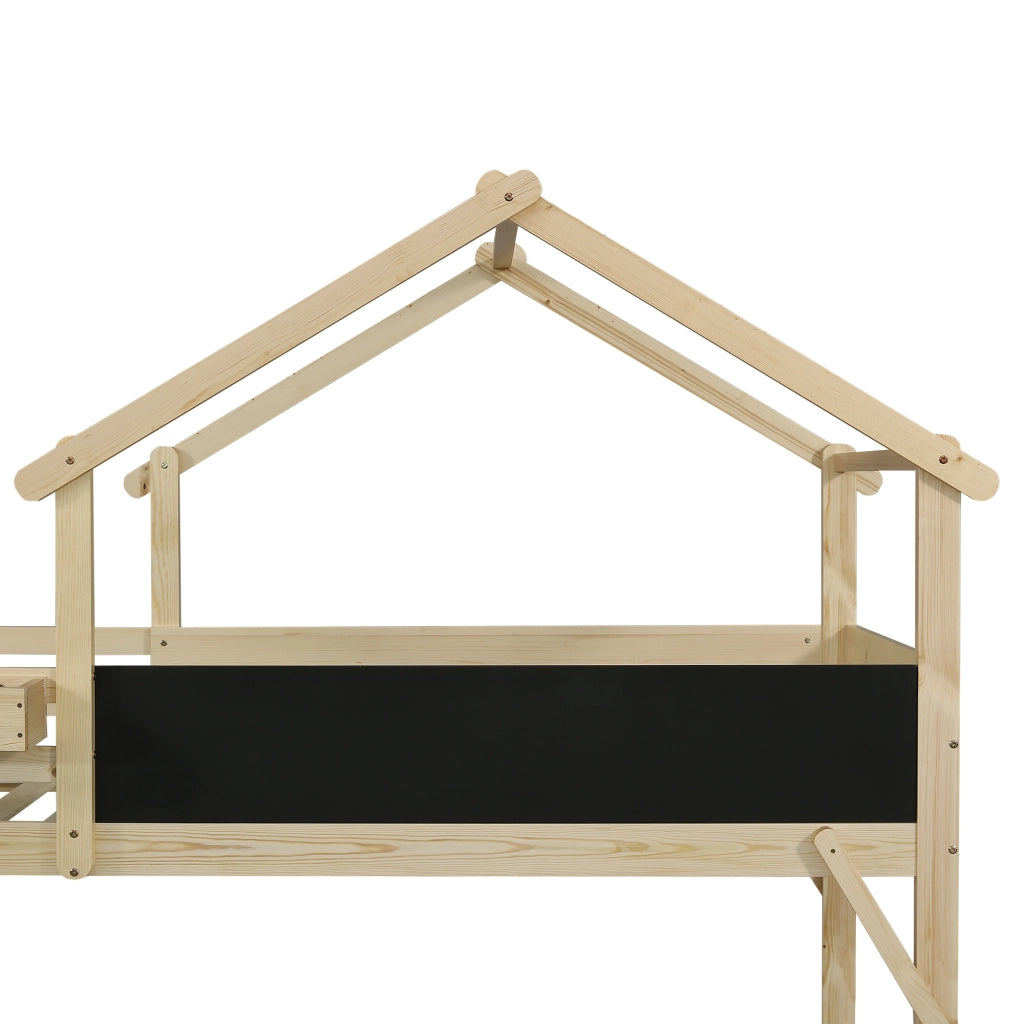 Letto a castello per bambini 90 × 200 cm con scala contenitore lavagna e tetto in legno bianco e naturale