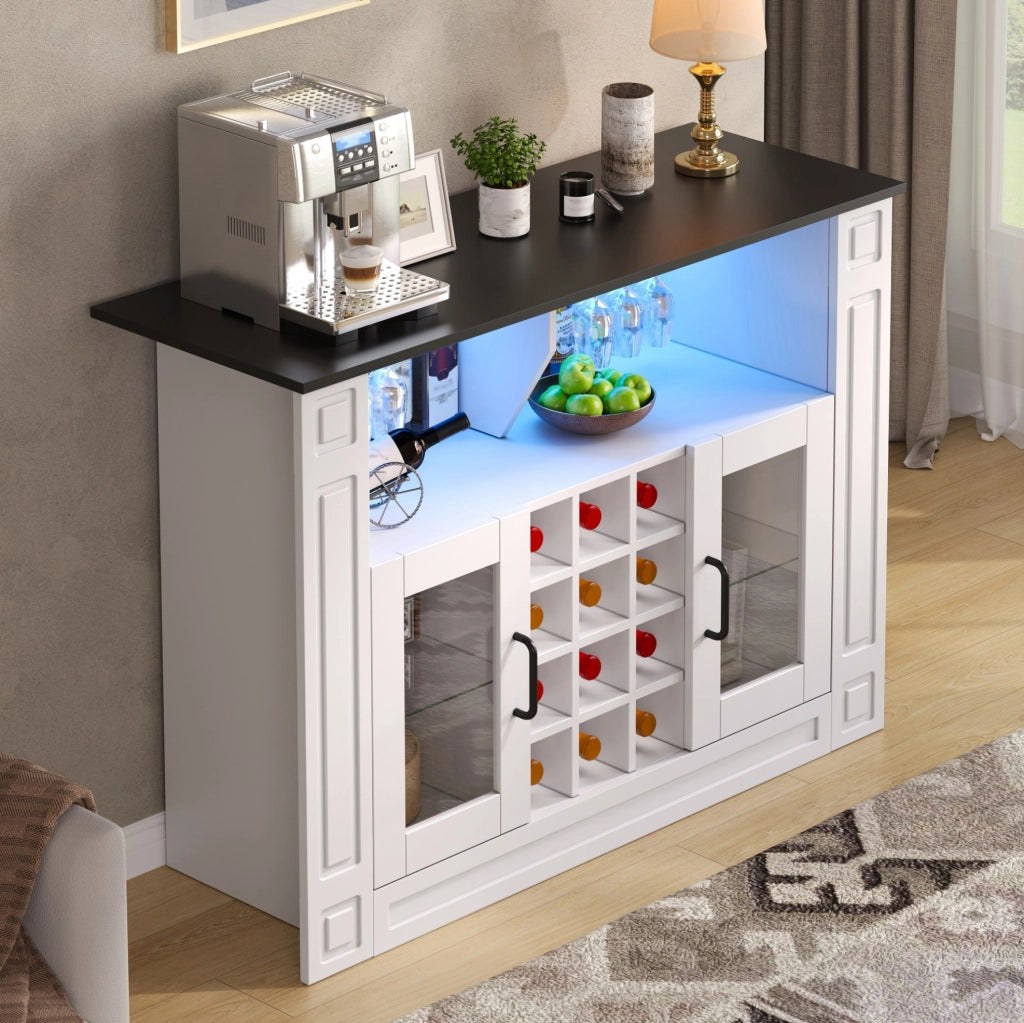 Mobile bar per vini 120x35x84 cm con LED RGB; portabicchieri e 12 vani; MDF bianco
