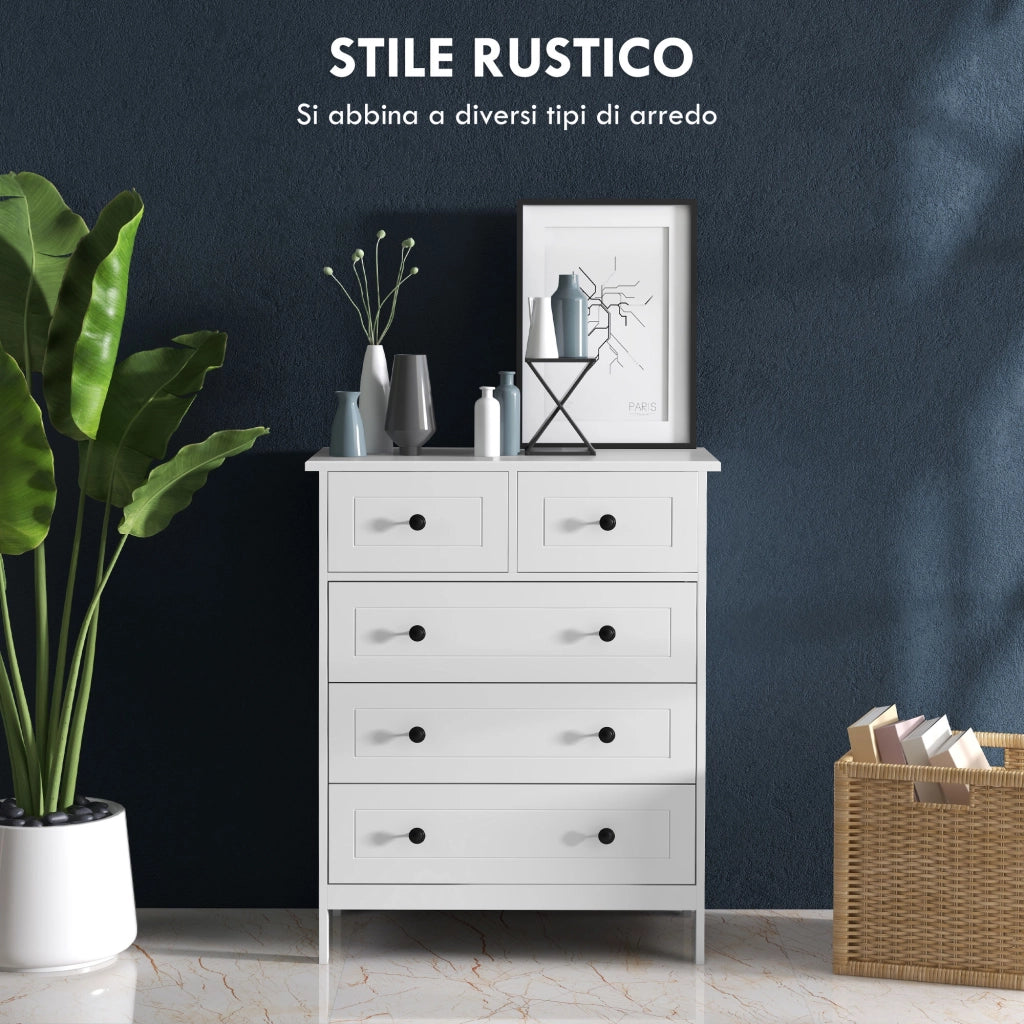 Cassettiera 5 Cassetti ¨C Xylo ¨C Legno Bianco Salvaspazio Antiribaltamento 74x40x91cm