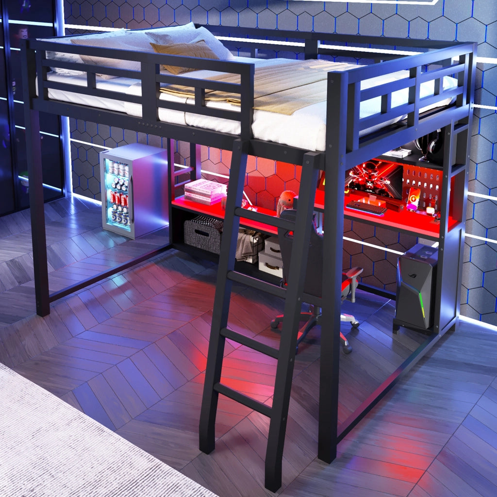 Letto a soppalco 140x200 in metallo con scrivania e LED RGB; nero