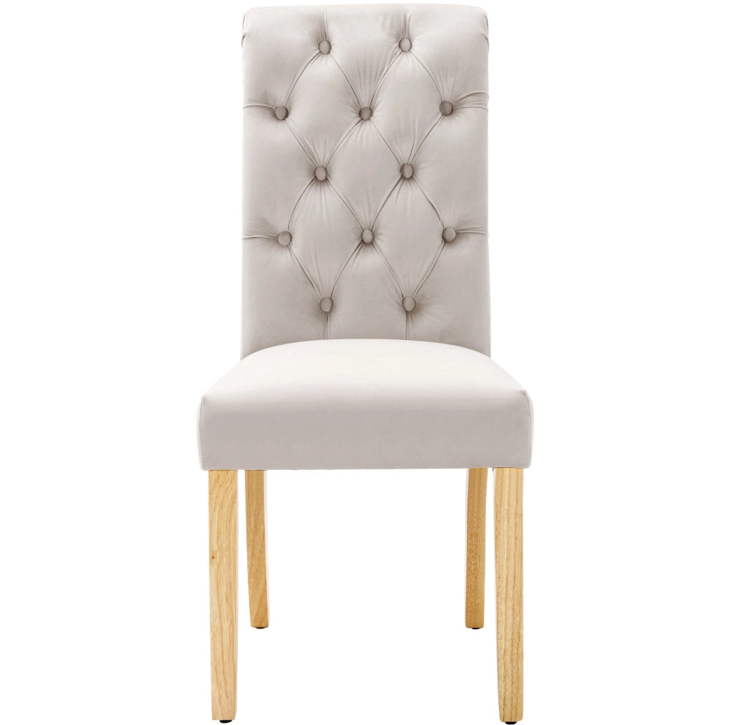 Set di 6 sedie da pranzo in velluto beige con gambe in legno massello di quercia