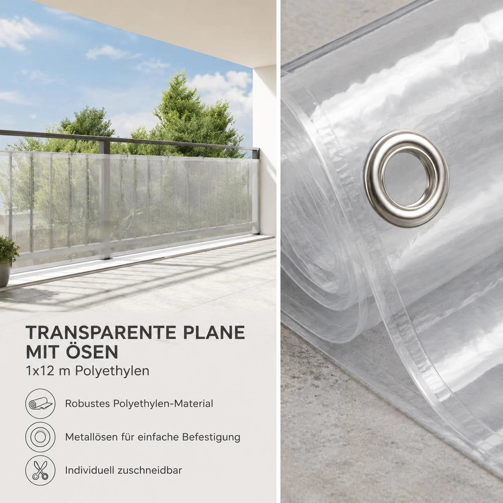 Telo trasparente con occhielli, 1x12 m, in polietilene, lungo e pratico, ideale per coperture esterne, giardino e balcone