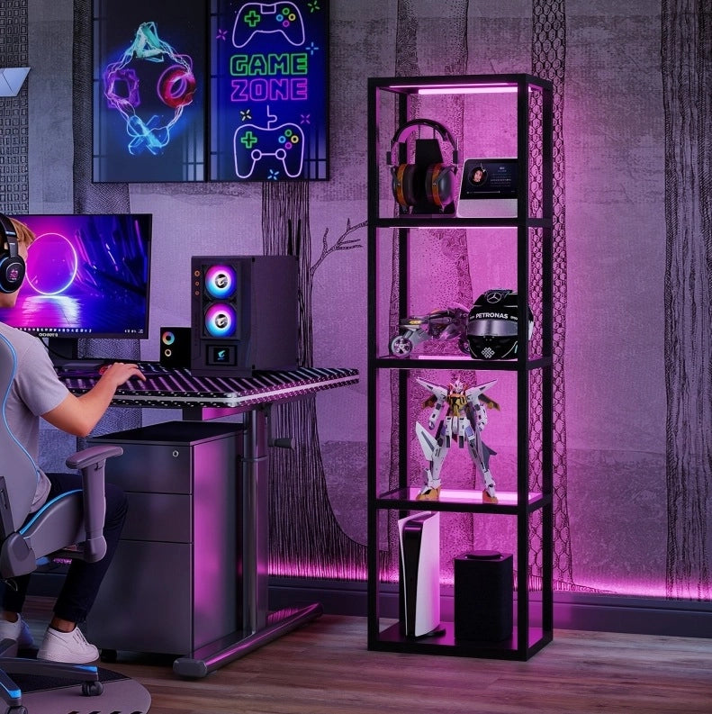 Lampada da Terra LED RGB con Ripiani in Vetro Temperato e Telecomando, 4 Livelli, Nero, Sincronizzazione Musica