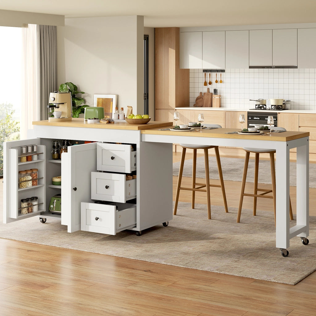 Isola cucina estensibile con 3 cassetti; ripiani laterali snack e ruote; per cucina e sala da pranzo; 116 × 45 × 89 cm