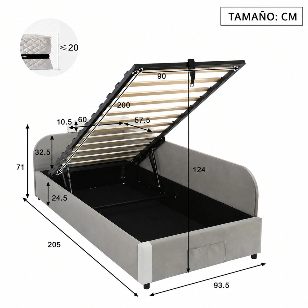 Letto singolo per bambini 90 × 200 cm con contenitore idraulico in velluto bianco e grigio con sponde morbide