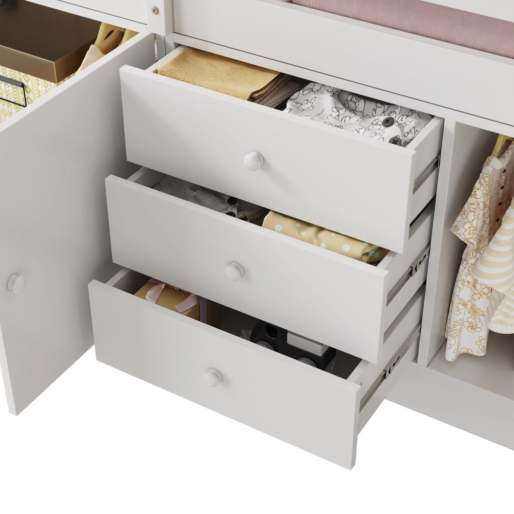 Letto a soppalco per bambini 90 × 200 cm con scala armadi cassetti barra appendiabiti bianco in MDF e legno