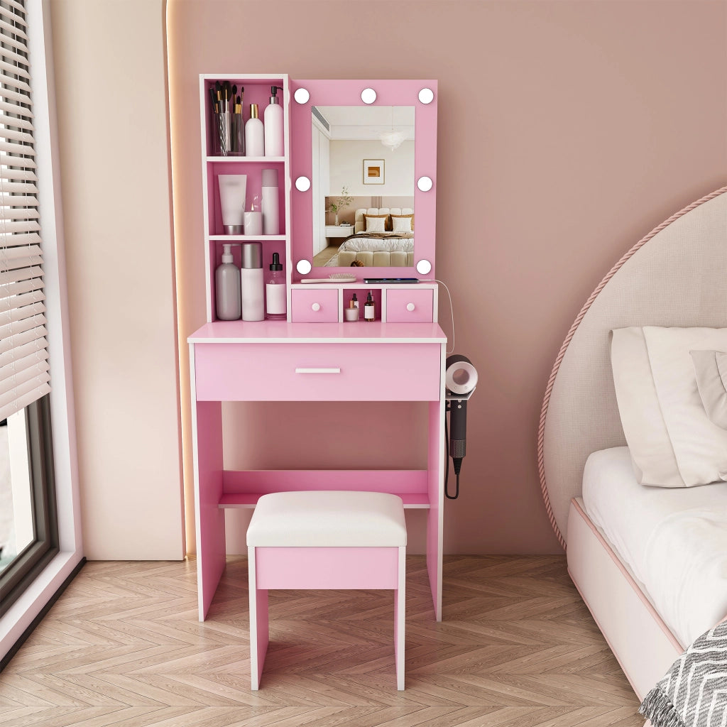 Toeletta rosa con specchio LED a 3 tonalità; presa integrata; supporto asciugacapelli; cassetti e sgabello imbottito in MDF