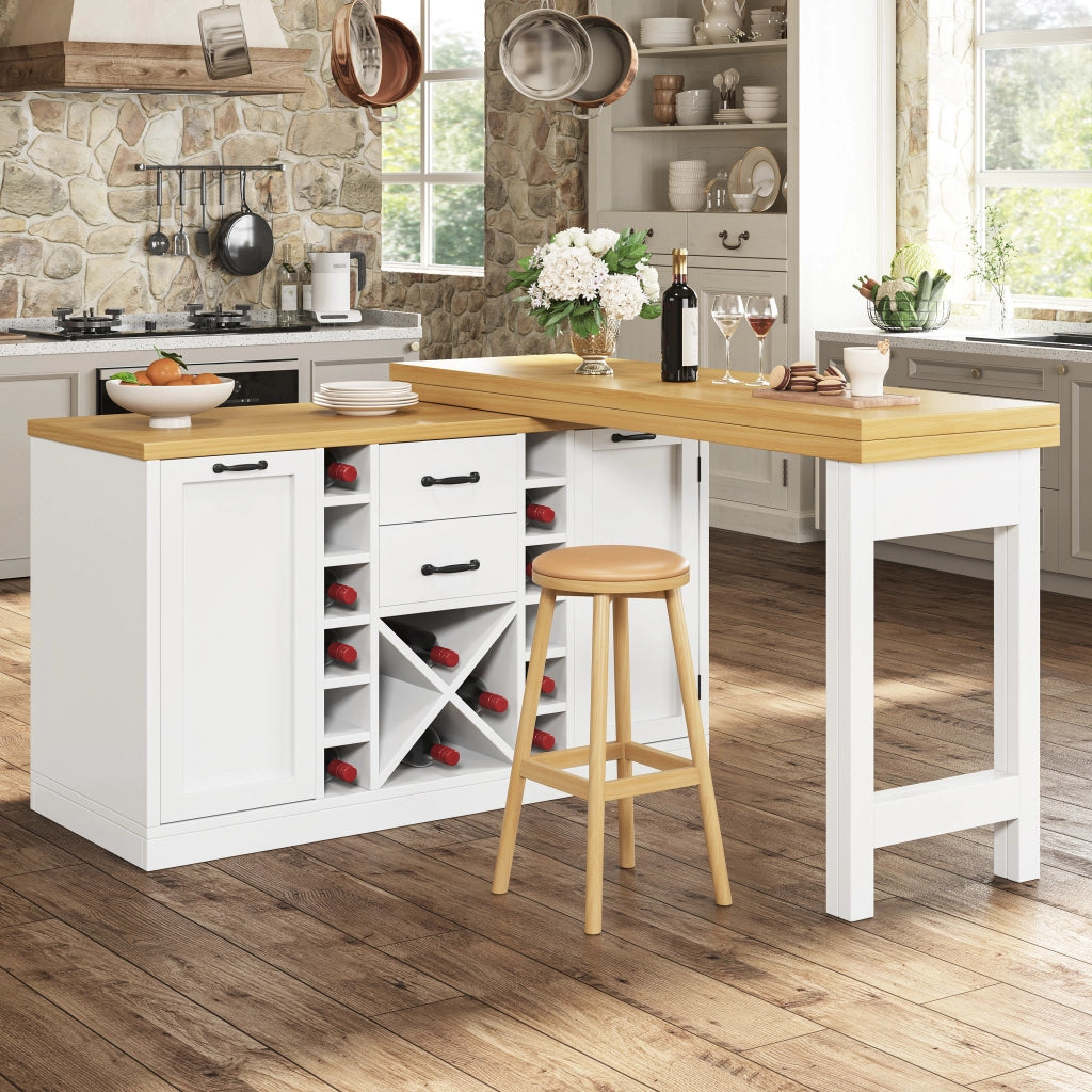 Tavolo da cucina con piano girevole 360° portabottiglie estraibile e portarifiuti bianco 120–223 × 40 × 73.8 cm