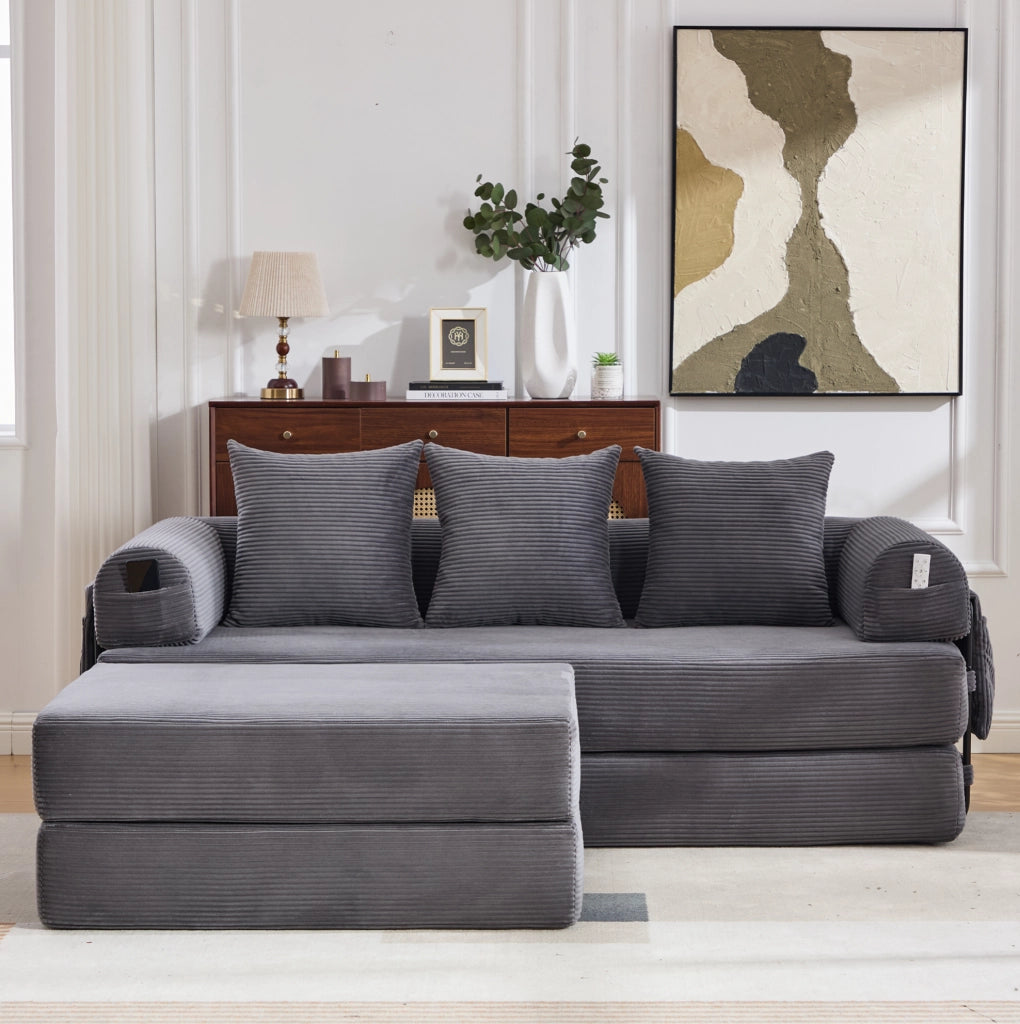 Divano modulare in tessuto vellutato con struttura in metallo, 3 cuscini e pouf, colore grigio scuro, 200x190x67 cm
