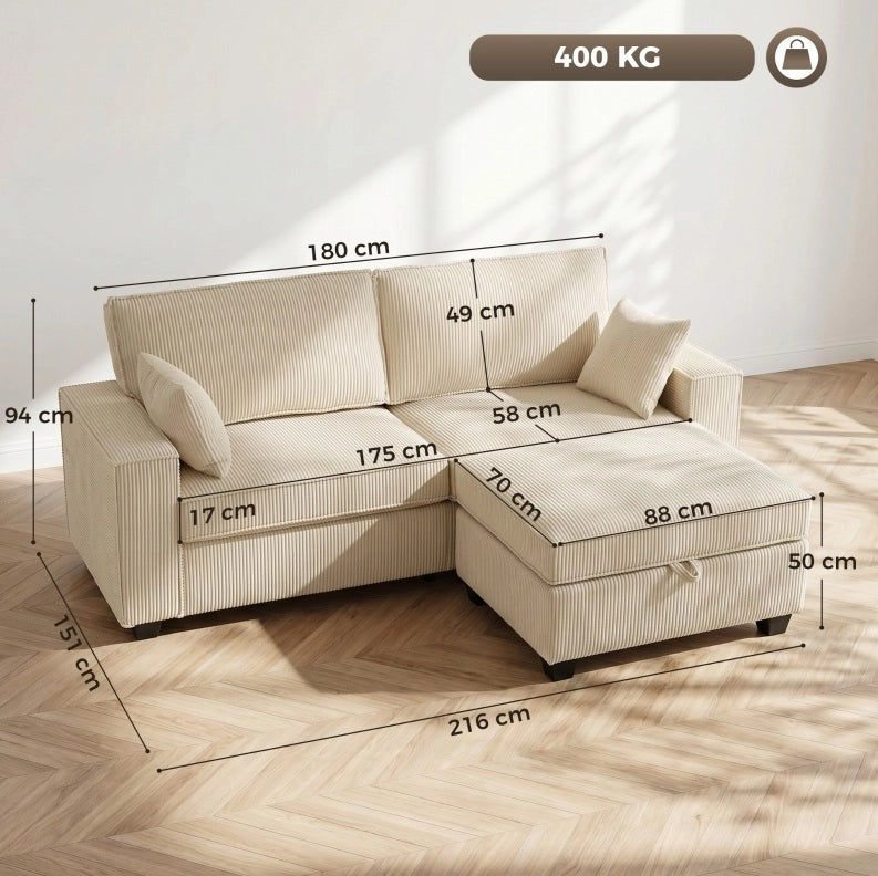 Divano angolare ULEVR 3 posti beige in velluto a coste con pouf contenitore e imbottitura a molle