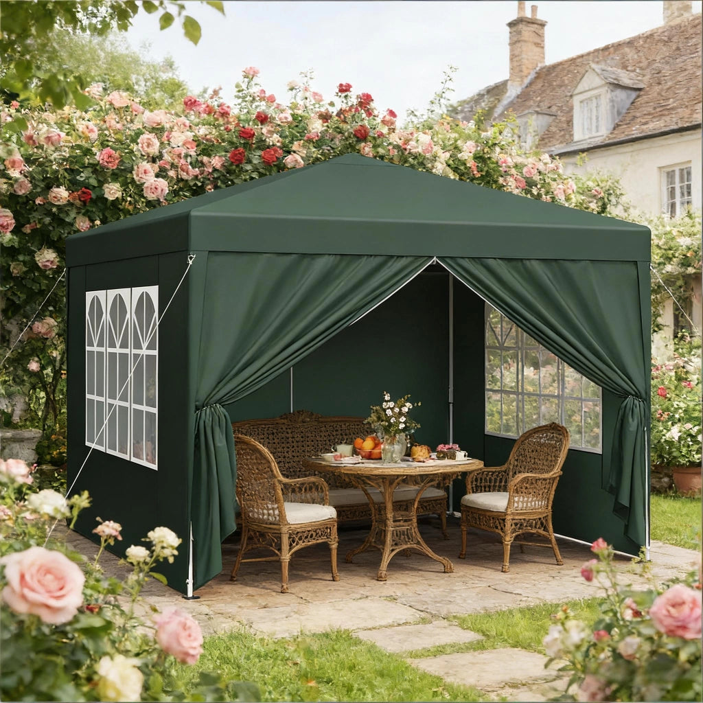 Gazebo pieghevole 3 × 3 m con pareti laterali avvolgibili; tetto Oxford 210D impermeabile verde regolabile in altezza