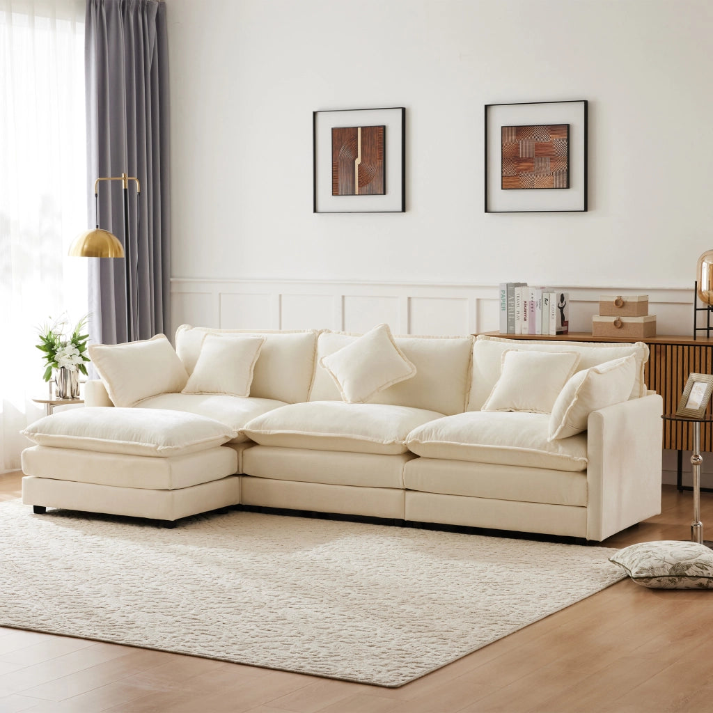 Divano angolare 3 sedili 283 x 147 x 84 cm; forma a L; poggiapiedi; tessuto ciniglia; beige