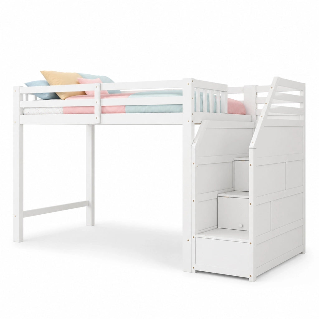Letto a Soppalco 90x200 cm - Scala Contenitore; Parapetto - in MDF e Legno - Bianco