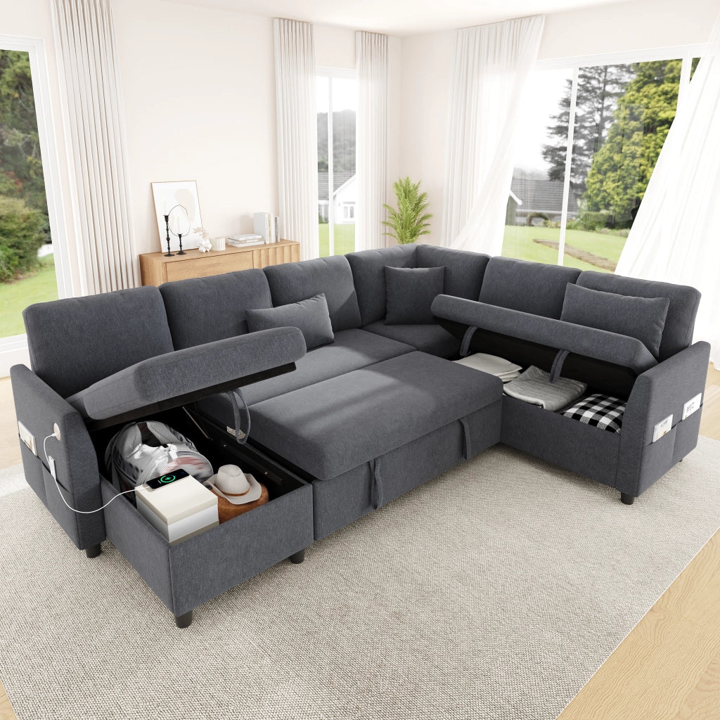 Divano letto angolare grigio con contenitori; chaise longue reversibile; USB e USB-C