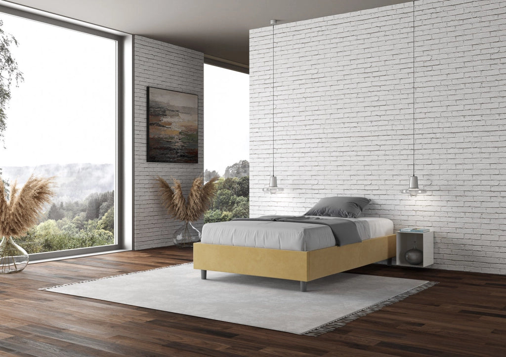 Letto Matrimoniale Francese Sommier 150x200 cm con Rete e Contenitore Azelia Ocra