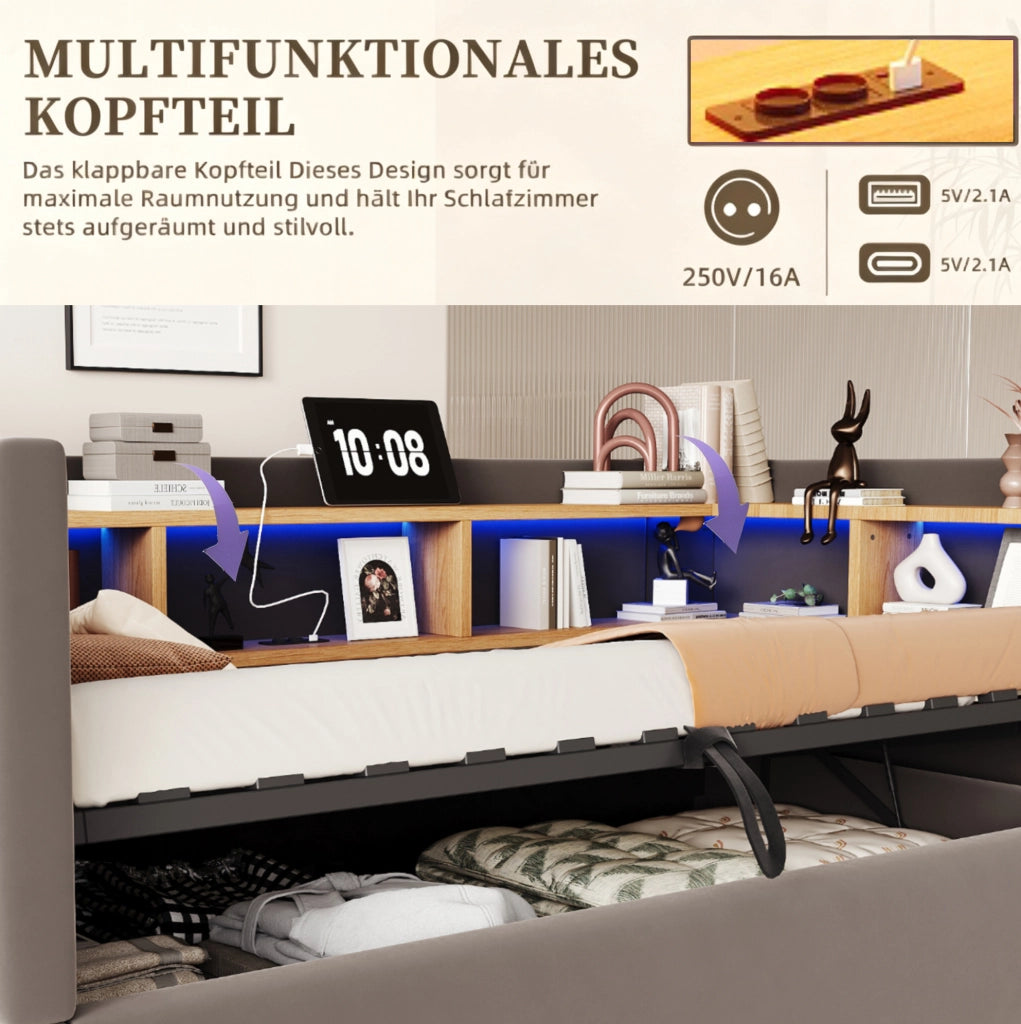 Divano Letto Imbottito 90x190 cm con Contenitore Idraulico, LED e Prese, Colore Grigio Scuro