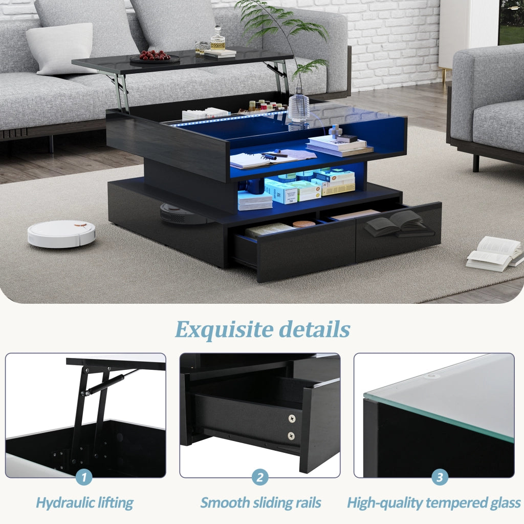 Tavolino da caffè quadrato alzabile 80x80x45 cm con LED; 2 cassetti; vetro temperato; nero
