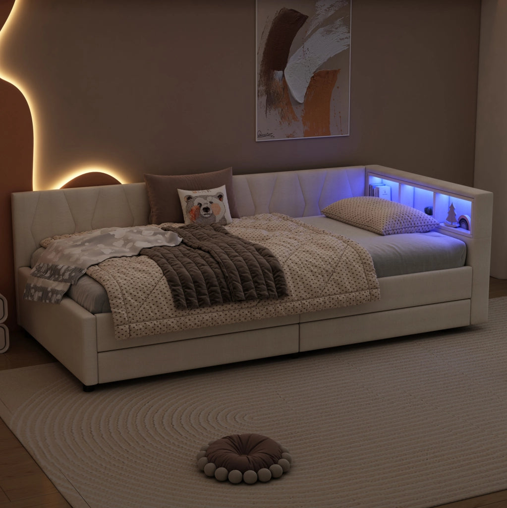 Letto singolo 90x200 con LED RGB， USB+Tipo C， 2 cassetti， vani al testale e rete a doghe， beige， in tessuto e MDF， per camera moderna e salvaspazio， senza materasso