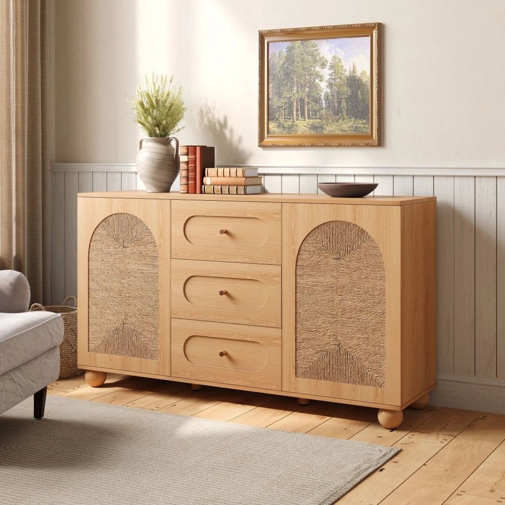 Credenza con due ante e tre cassetti 140 x 40 x 80 cm; intreccio di corda; MDF e truciolare; naturale