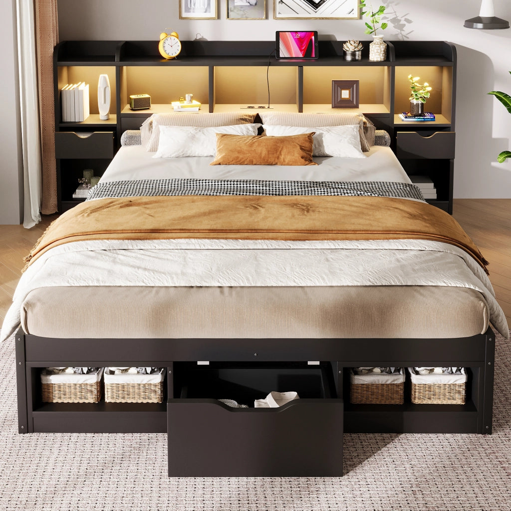 Letto con cassetti 140 × 200 cm con testiera e pediera contenitore LED a 7 colori in MDF nero
