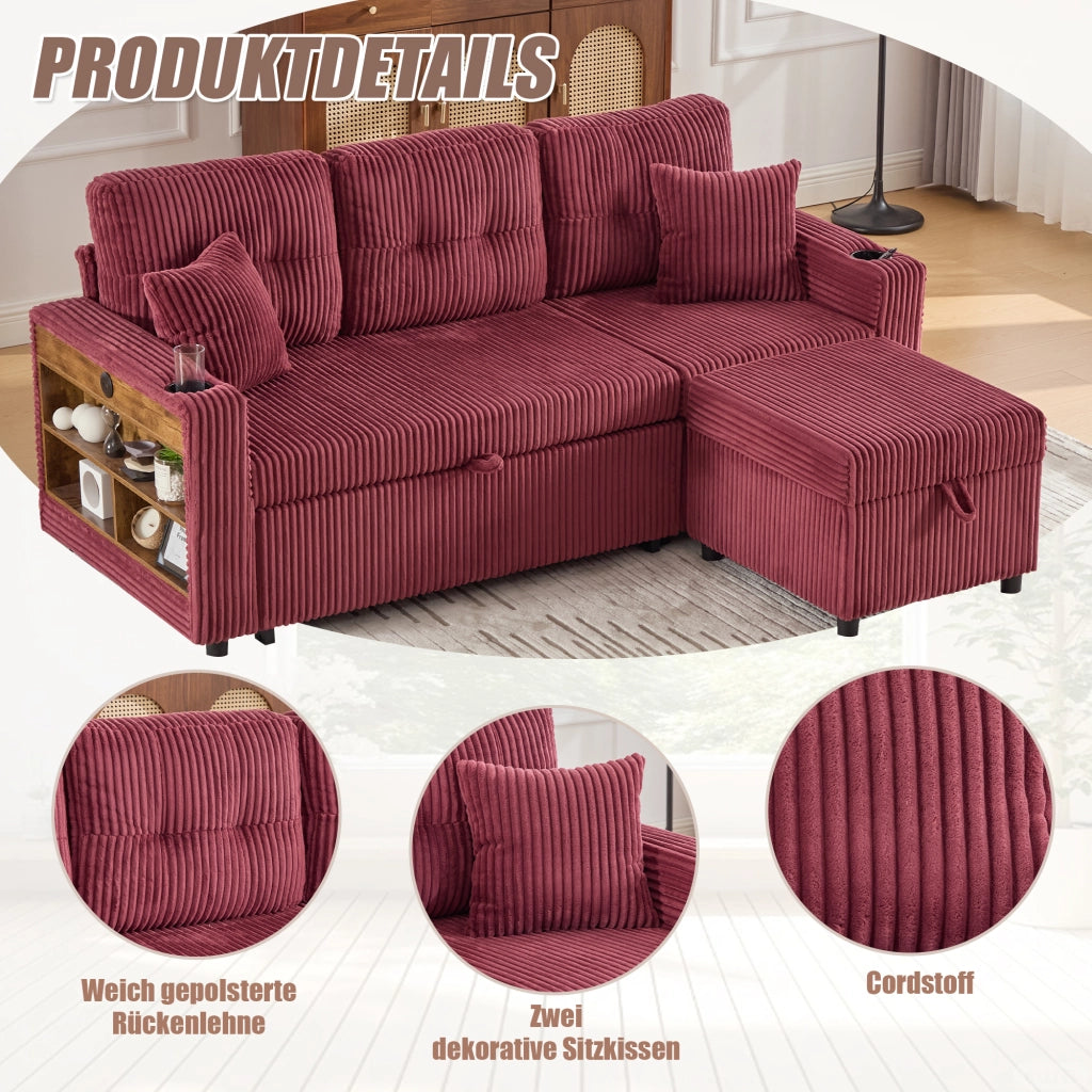 Divano letto modulare con contenitore; USB-C e LED - in velluto a coste - rosso vino
