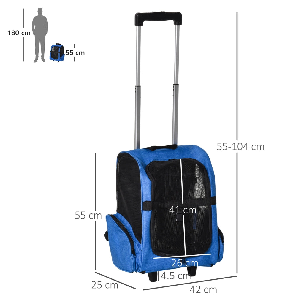 Trasportino Zaino 2 in 1 per Cani e Gatti, Blu, Tessuto Oxford Resistente, Maniglia Telescopica, Ruote e Tasche, 42x25x55cm, Pratico