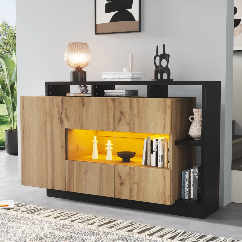 Credenza LED 140x44x94 cm in MDF effetto legno con controllo Bluetooth; ante in acrilico e vani