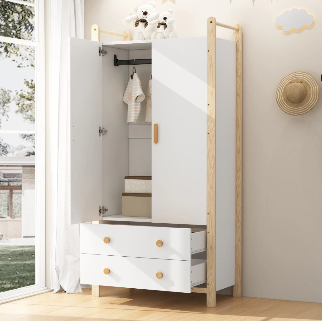 Armadio 2 ante con appendiabiti e 2 cassetti, bianco e naturale