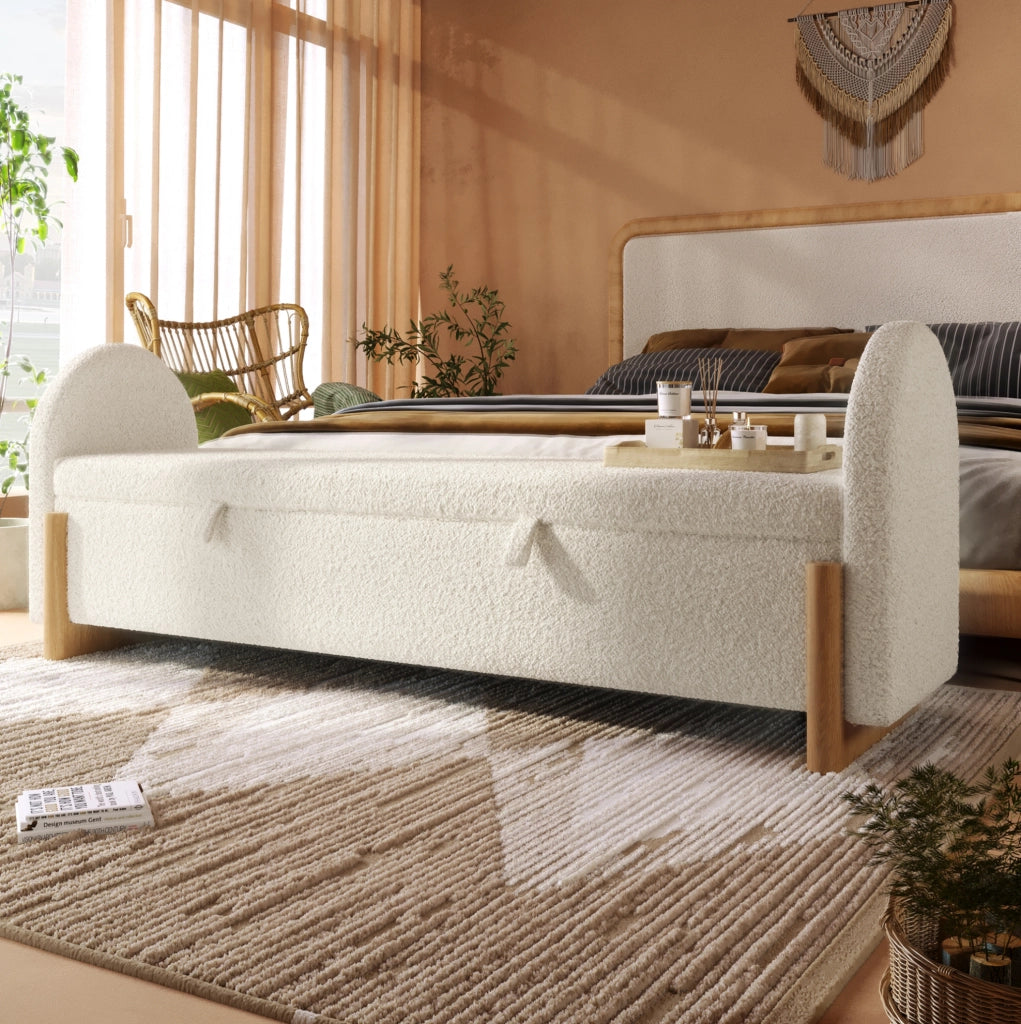 Panca contenitore bianca 186x47x61 cm con tessuto Chenille Bouclé e gambe in legno di gomma, raggio idraulico soft-close, carico max 150 kg