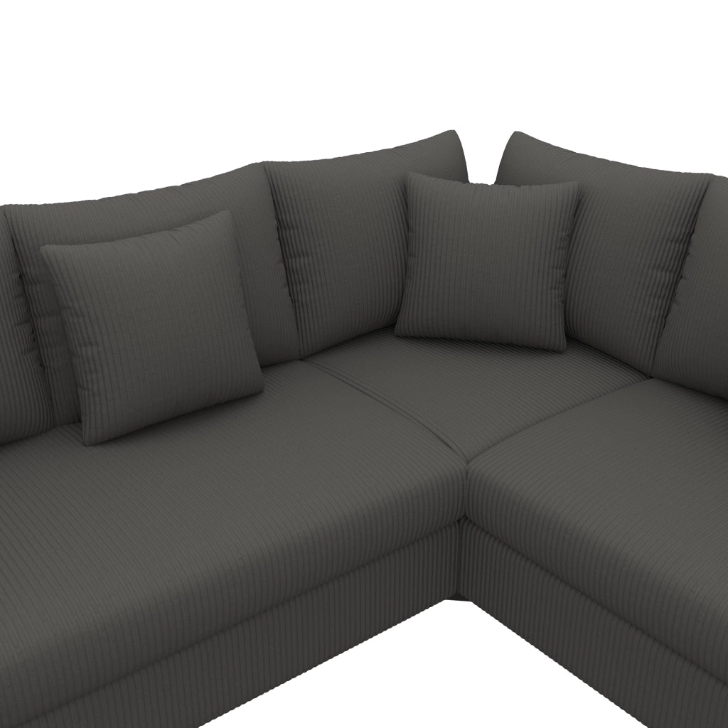Divano angolare con LED, USB e USB-C, cuscini removibili in velluto a coste grigio, 198 × 198 × 83 cm